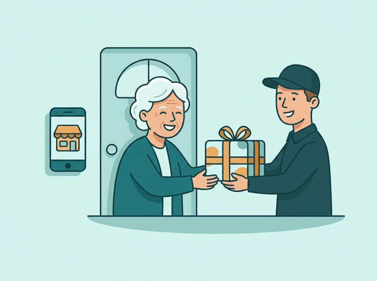 En glad mormor med ljus hudton tar emot ett inslaget paket vid dörren från ett bud, med en mobil som visar en webbshop