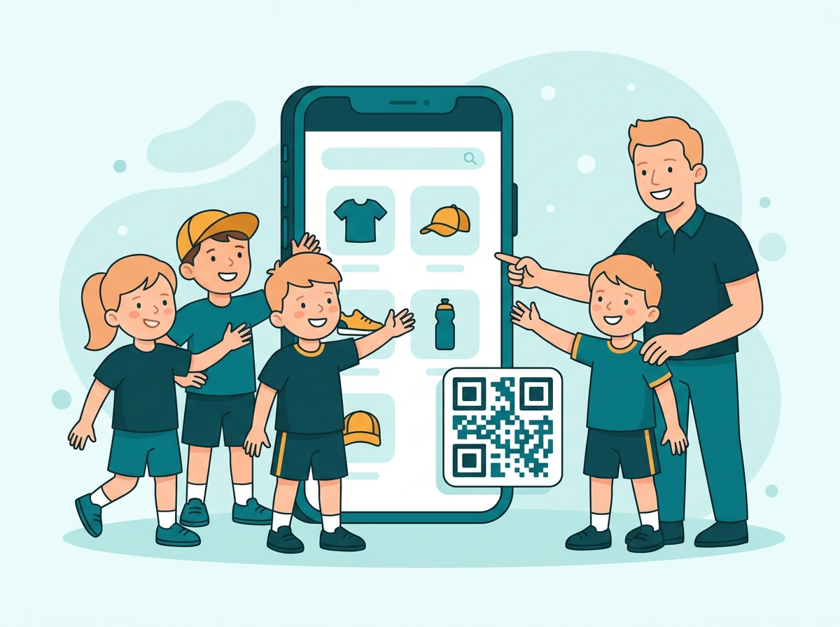 Ett ungdomslag med tränare och ljus hudton samlade kring en stor mobil med sin egen webbshop och en QR-kod