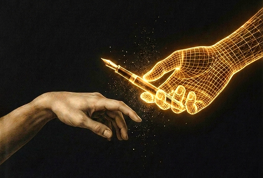 A glowing golden wireframe hand holding a pen reaches toward a human hand, sparks between their fingertips, on a black background.